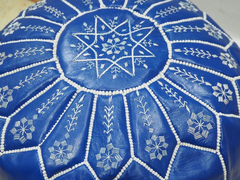 BLUE with WHITE Stitching Genuine Leather Moroccan Pouf