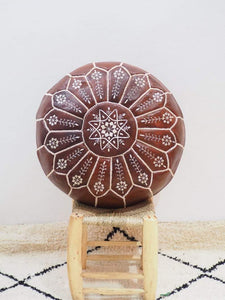 BROWN with WHITE Stitching Leather Pouf ottoman