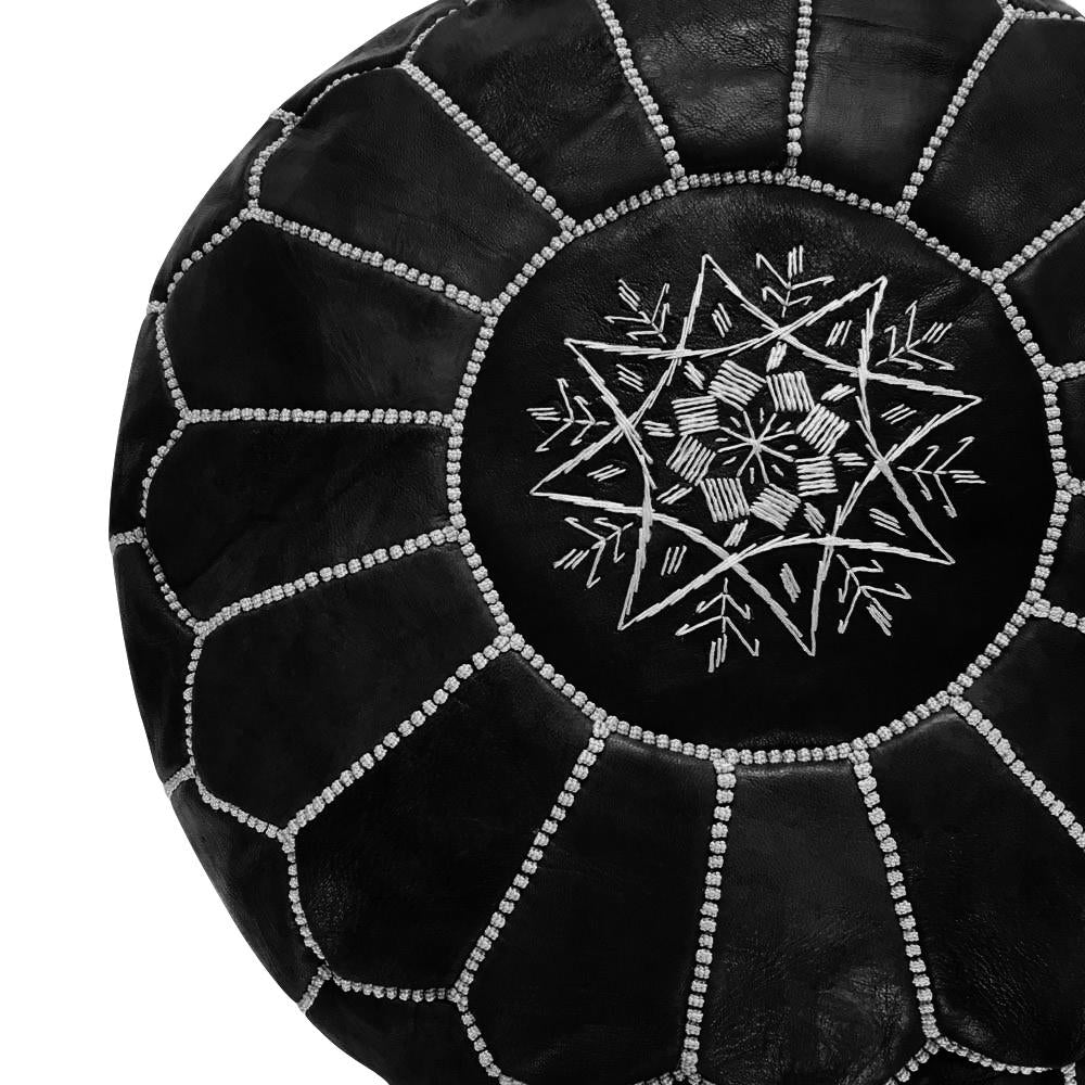 BLACK Genuine Leather Moroccan Pouf WITH WHITE STITSHING